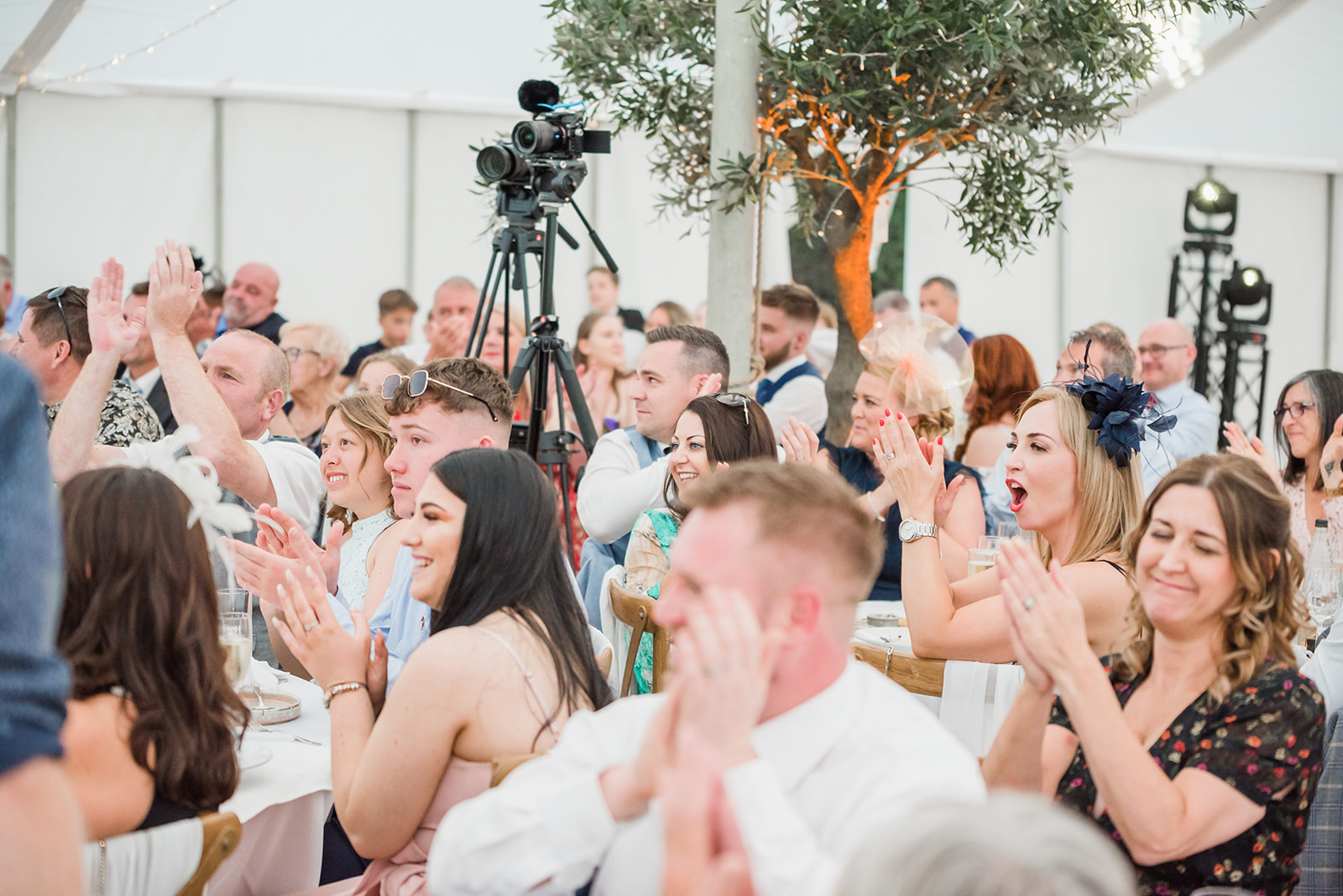 wedding guests applaud inside a marquee